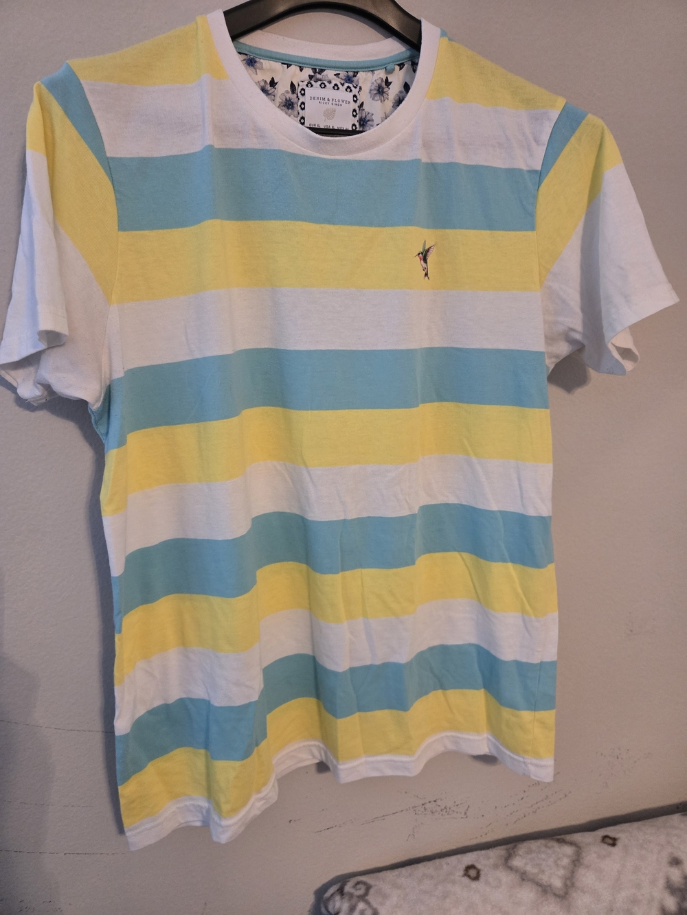 Striped Crew Neck T‑Shirt in White, Yellow & Light Blue